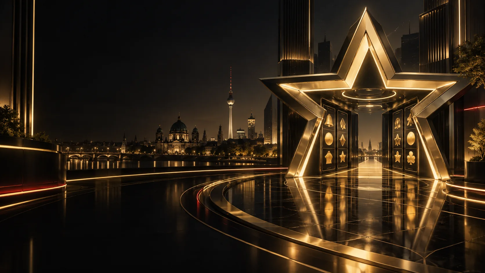 Goldenes Sternportal vor der Berliner Skyline bei Nacht